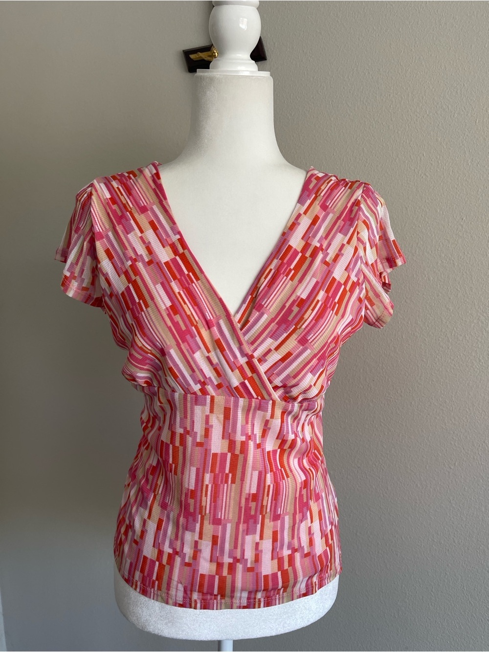 Axcess Pink and Red Geometric V-Neck Women's Dress Top